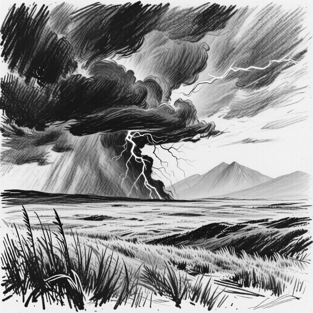 A dramatic thunderstorm rolling over open plains with distant mountains fading into blue haze.
