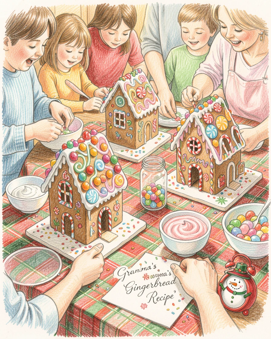 A festive gingerbread house decorating contest at a kitchen table, filled with joyful, familiar holiday details, evoking treasured family memories and togetherness.