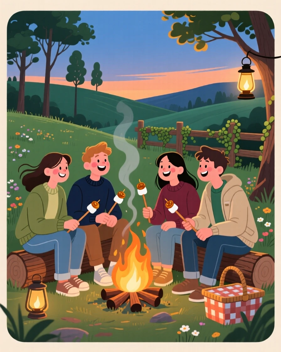 A group of friends roasting marshmallows around a campfire, in a charming countryside setting, framed to highlight connection between the people in the scene, with small joyful details like flying hair or bright laughter.