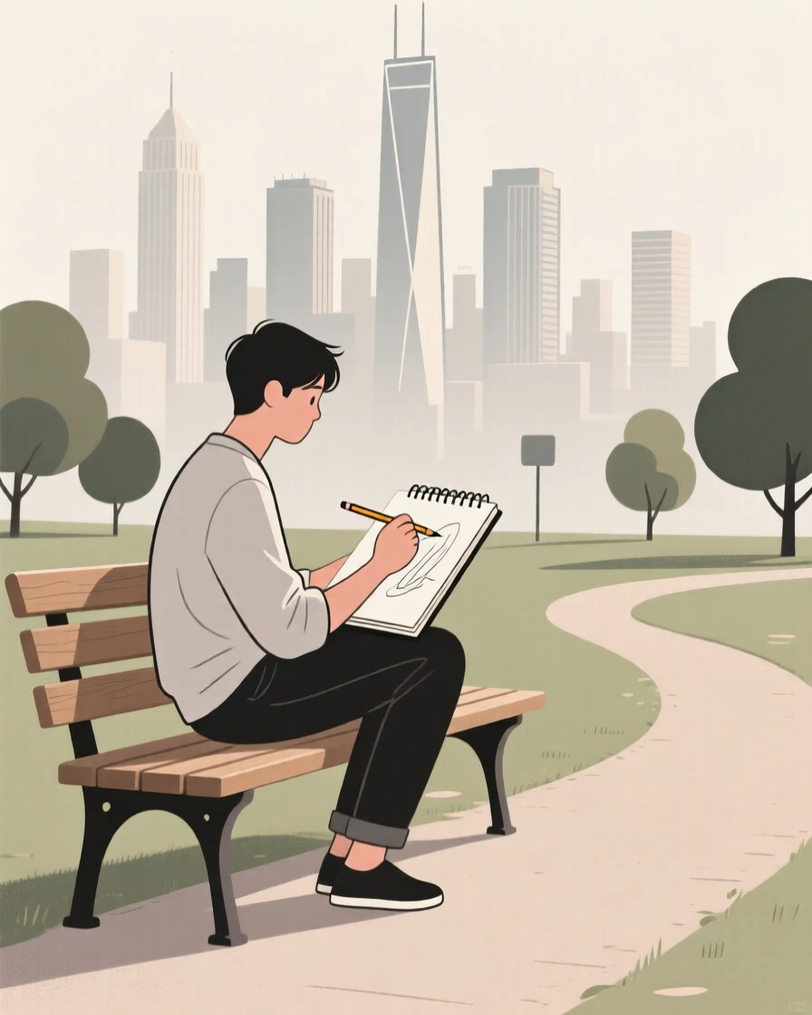 A person sketching a city skyline while sitting on a park bench.