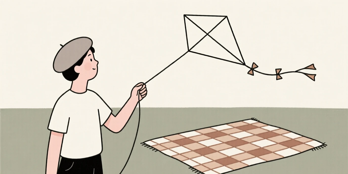 A portrait of an artist flying a kite near a woven picnic blanket, filled with nostalgic comfort.