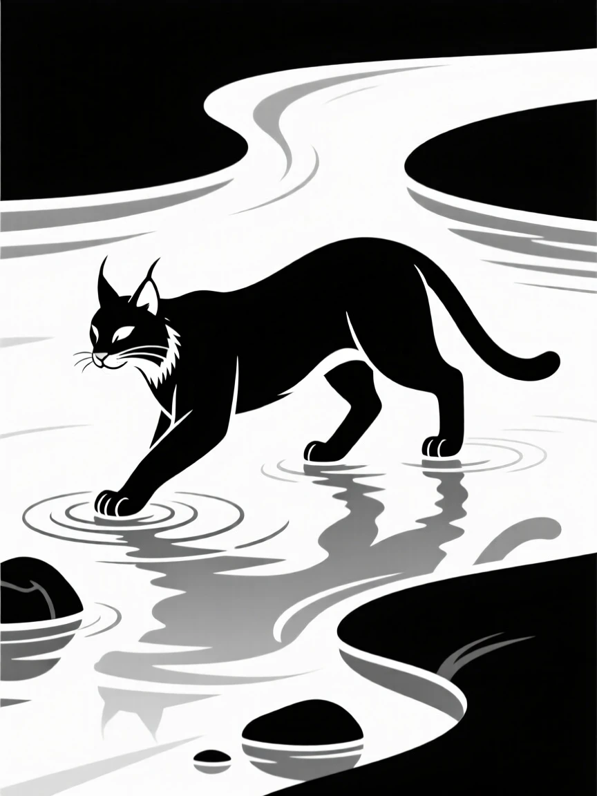A lynx crossing a shallow river.