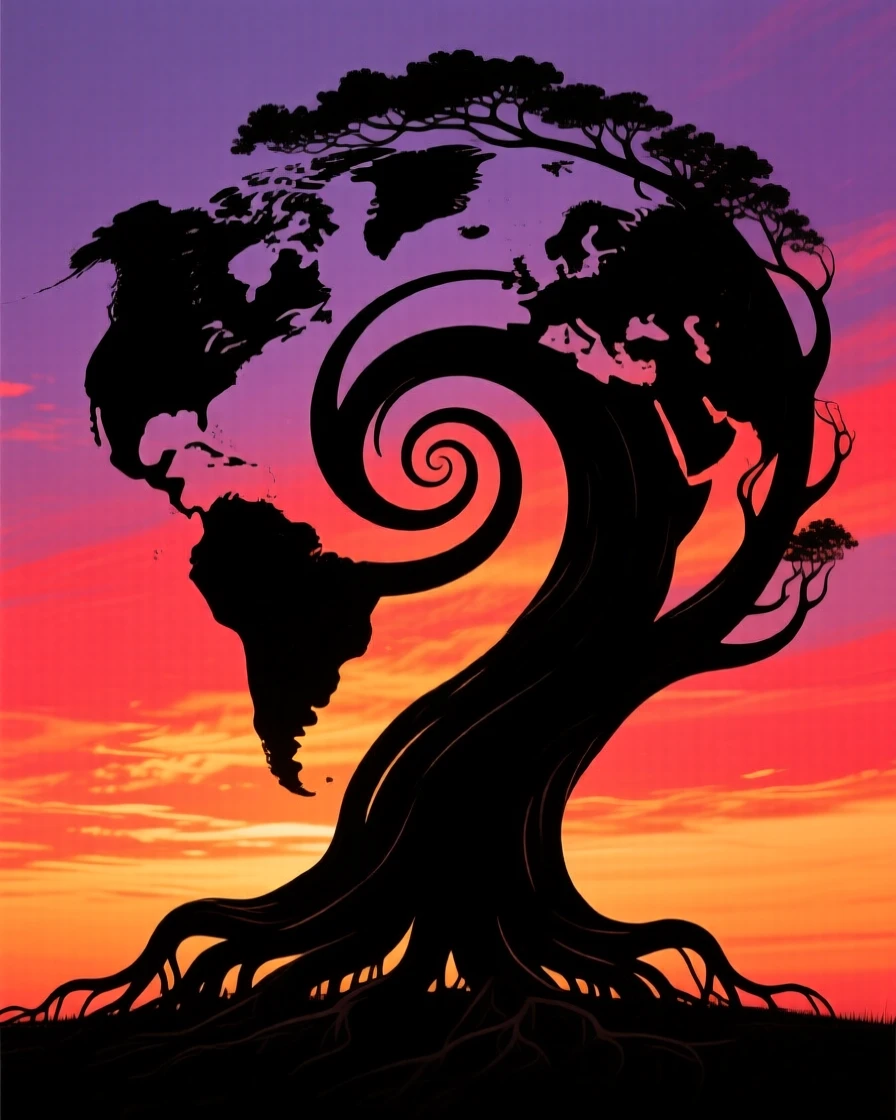 An enormous tree with roots and branches curling into the shape of a spiraling world.