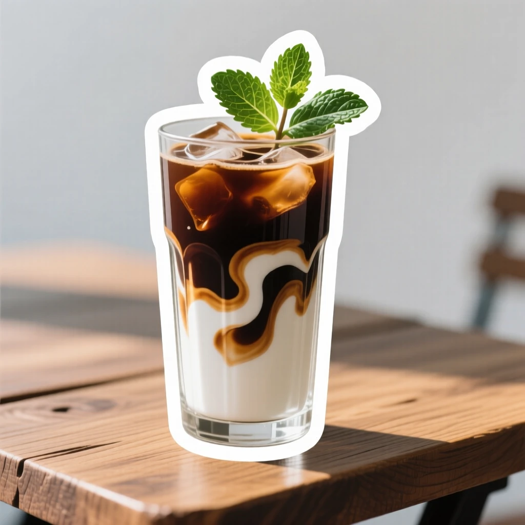 A perfectly plated glass of iced coffee with layers of cream, garnished with a sprig of fresh mint, on a rustic wooden table with soft morning light.
