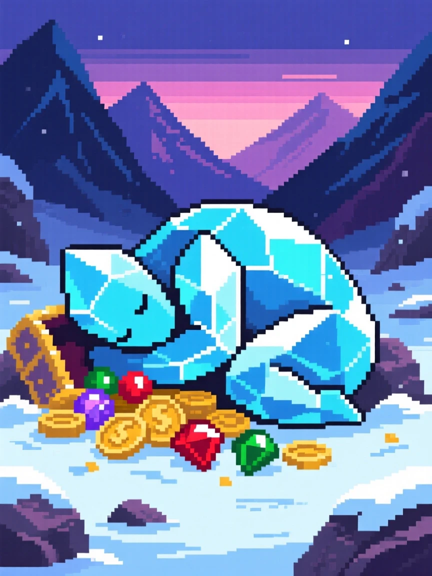 A crystal golem glowing from within napping curled around a treasure hoard, in a snowy mountain pass at dusk.
