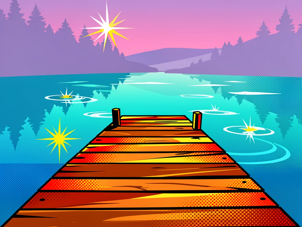 A rustic wooden dock stretching into a glassy morning lake
