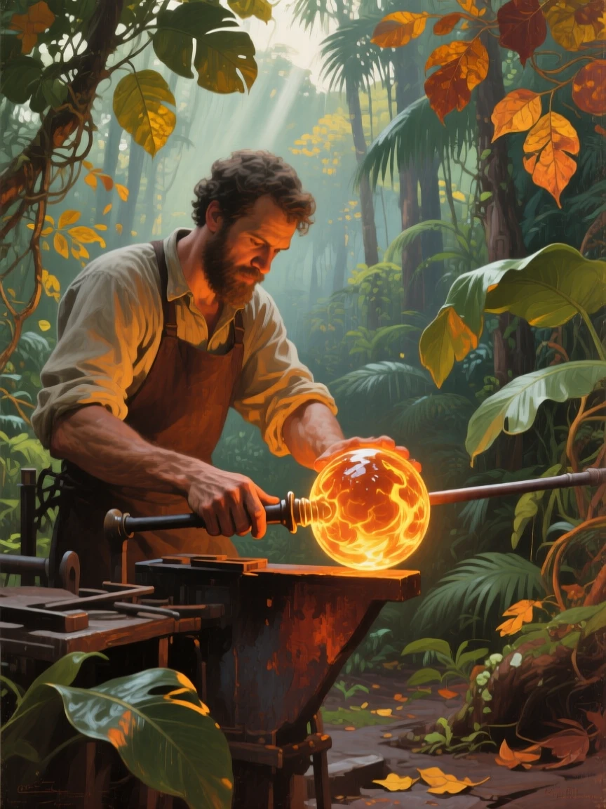 A balanced composition of a glassblower shaping a molten sphere at the end of a long pipe, as autumn leaves turn gold, in the Amazon rainforest.