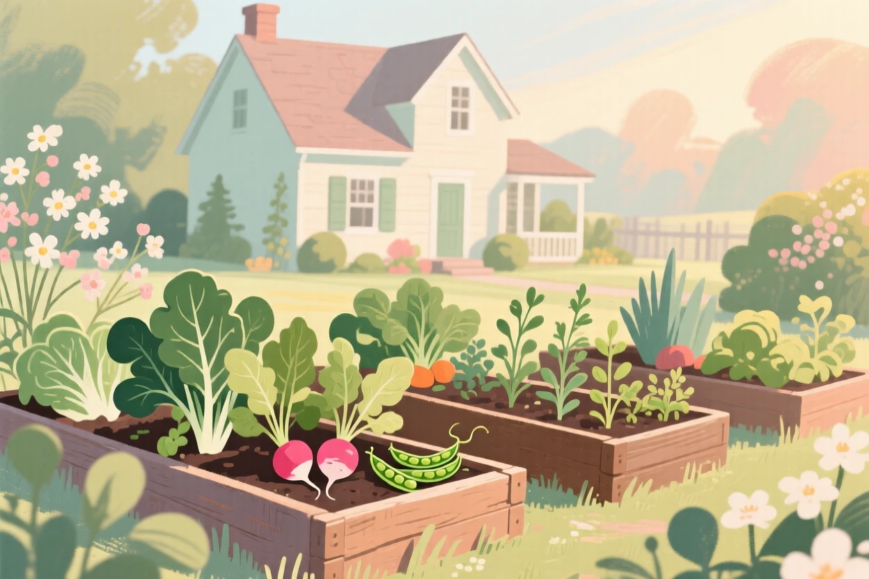 A farmhouse garden bursting with fresh spring vegetables