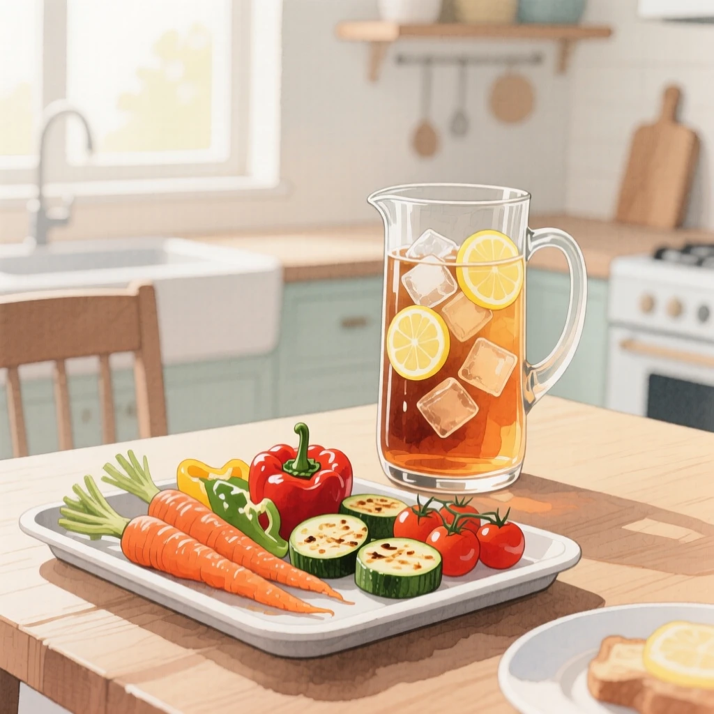 A tray of roasted vegetables sits beside a pitcher of iced tea in a cozy kitchen at breakfast, arranged beautifully for a delightful meal