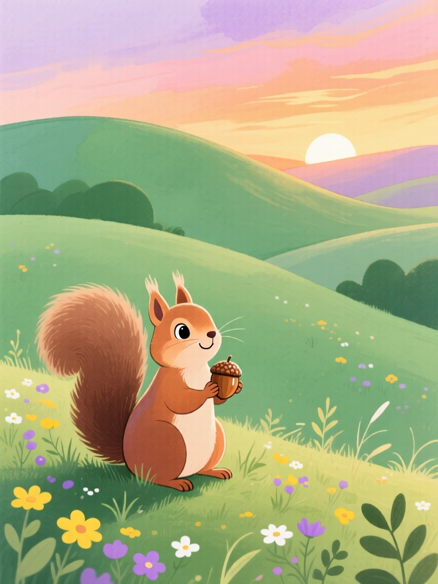 A curious squirrel discovering something new in a rolling green hillside at sunset.