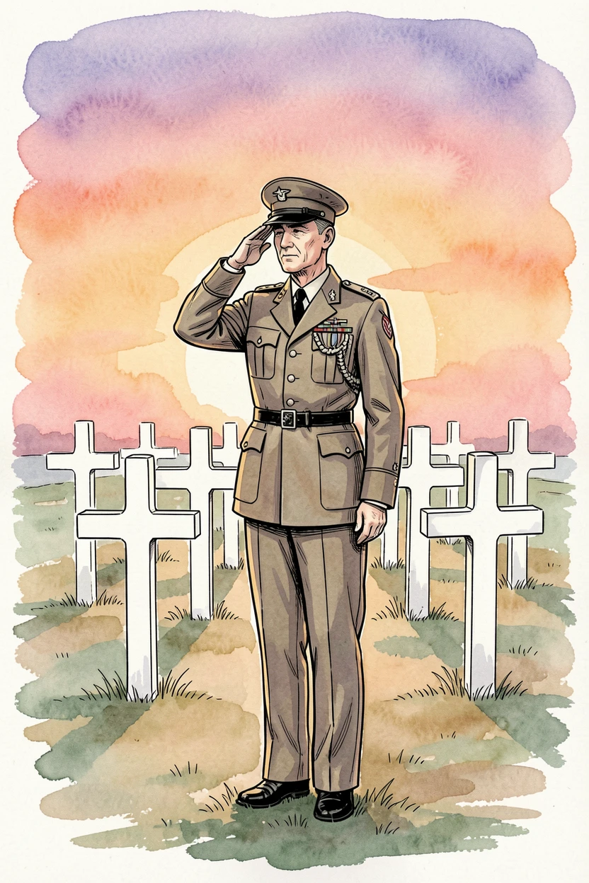 A veteran saluting quietly at a war memorial as the sun sets behind rows of white crosses