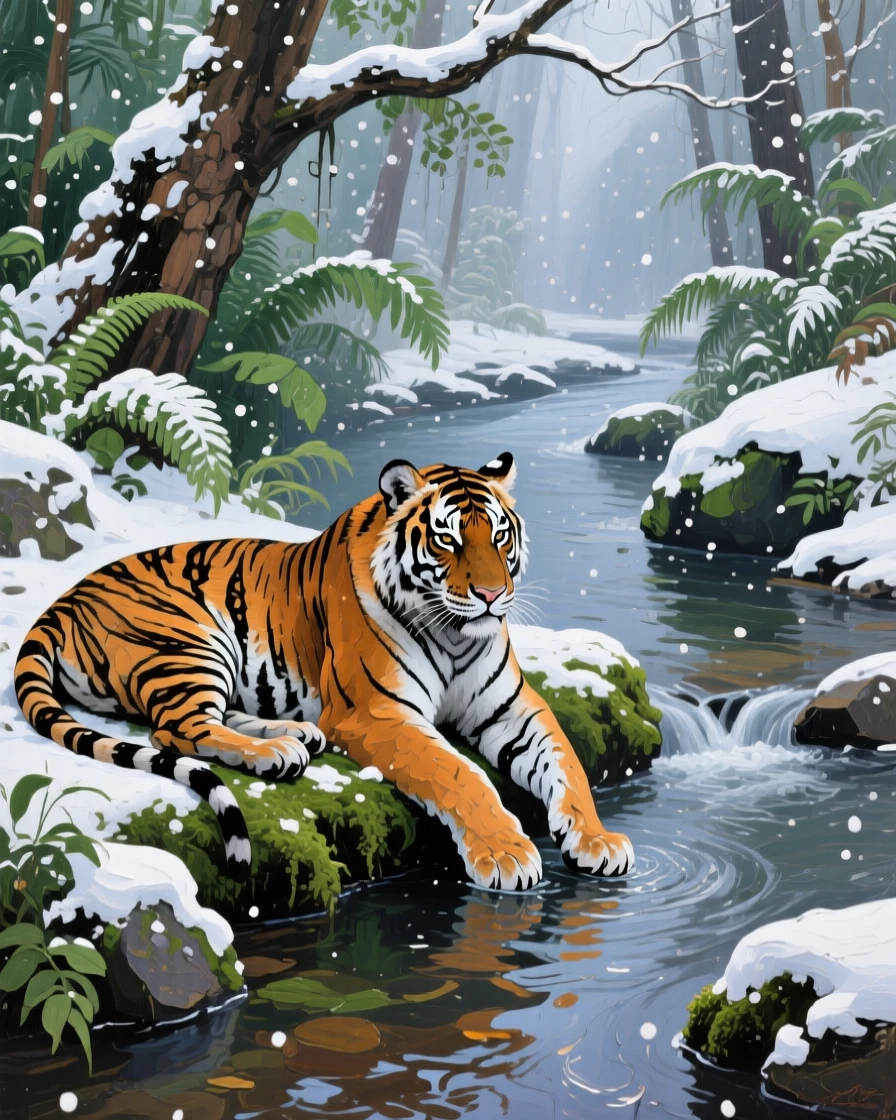 a tiger resting beside a jungle stream, after a gentle snowfall, composed along a natural leading line.