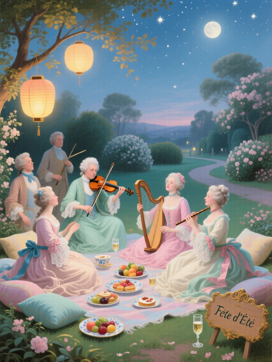 A summer night picnic under stars with musicians and paper lanterns  