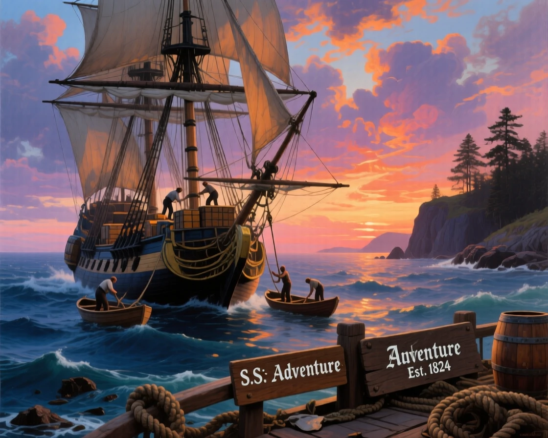 A whaling ship unloads its cargo during an open ocean at dusk as the shoreline comes into view.