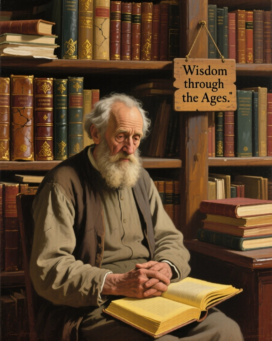 A wise old librarian surrounded by towering shelves of ancient books, framed closely to draw focus to their heartfelt expression, evoking warmth, empathy, and genuine connection