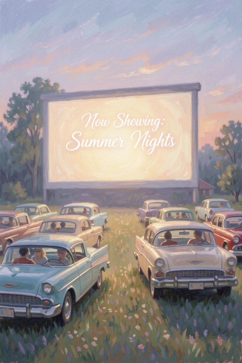 A vintage drive-in movie theater at dusk, families gathered in cars beneath a glowing screen.