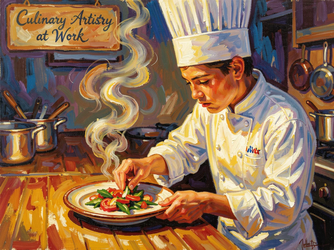 A young chef plating a dish with careful precision, steam rising into warm kitchen light.