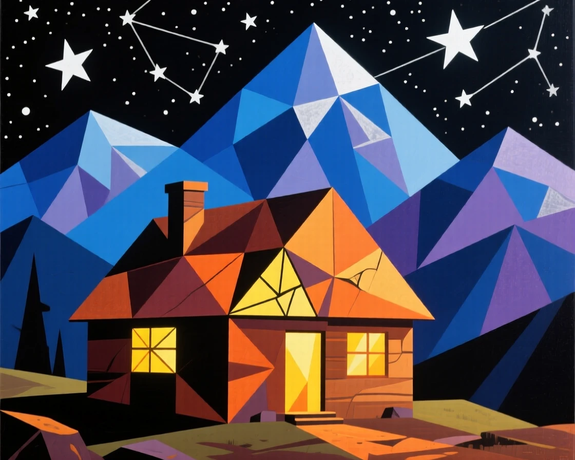 A remote mountain hut glowing warmly against a backdrop of starlit peaks.