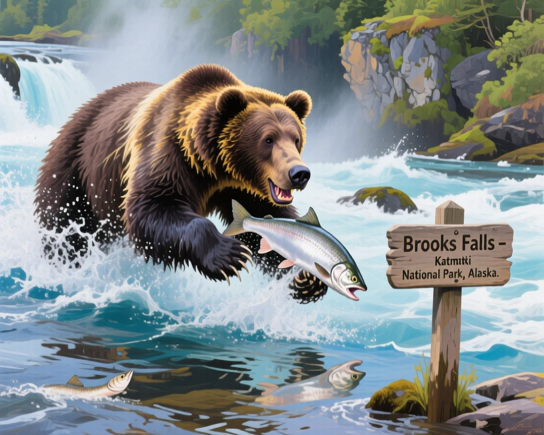 A grizzly bear catches a leaping salmon mid-air at Brooks Falls in Alaska, water splashing dramatically around its powerful frame, the moment captured with a sense of calm intimacy despite the wild setting.