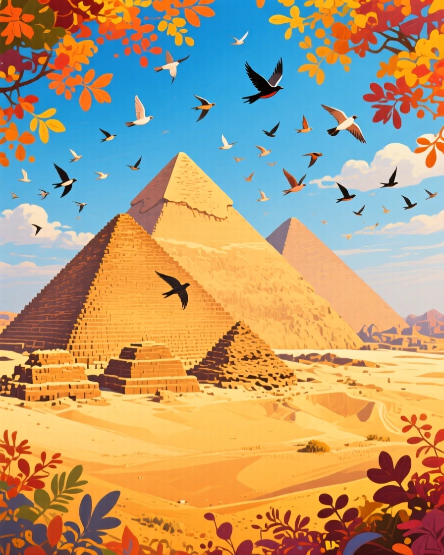 The pyramids of Giza rising from golden desert sand, beneath a sky full of migrating birds, vivid autumn color framing the scene