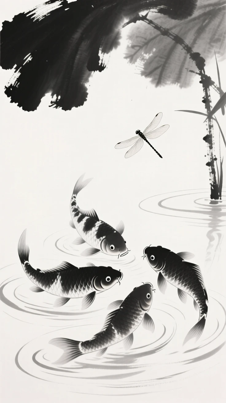 Koi fish gather near the surface as ripples spread outward, while dragonflies hover just above the water.