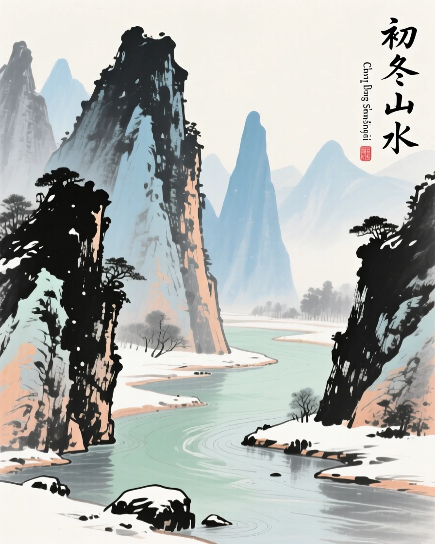 A range of jagged limestone karst peaks rising from a river, under the first snow of winter.