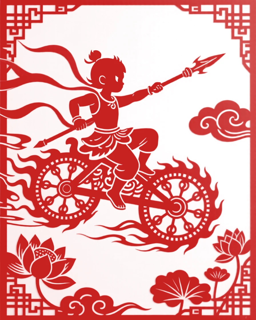 Nezha riding his wind fire wheels through the sky, red silk ribbons streaming behind him, spear held ready