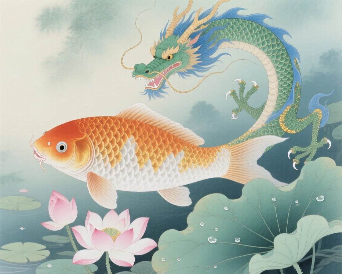 A koi fish mid-transformation, its tail becoming a dragon's above blooming lotus flowers in an otherworldly garden
