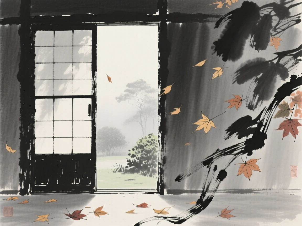 An open door revealing a misty garden beyond beneath drifting autumn leaves, framed with soft, diffused light throughout, carrying a hushed, contemplative silence.