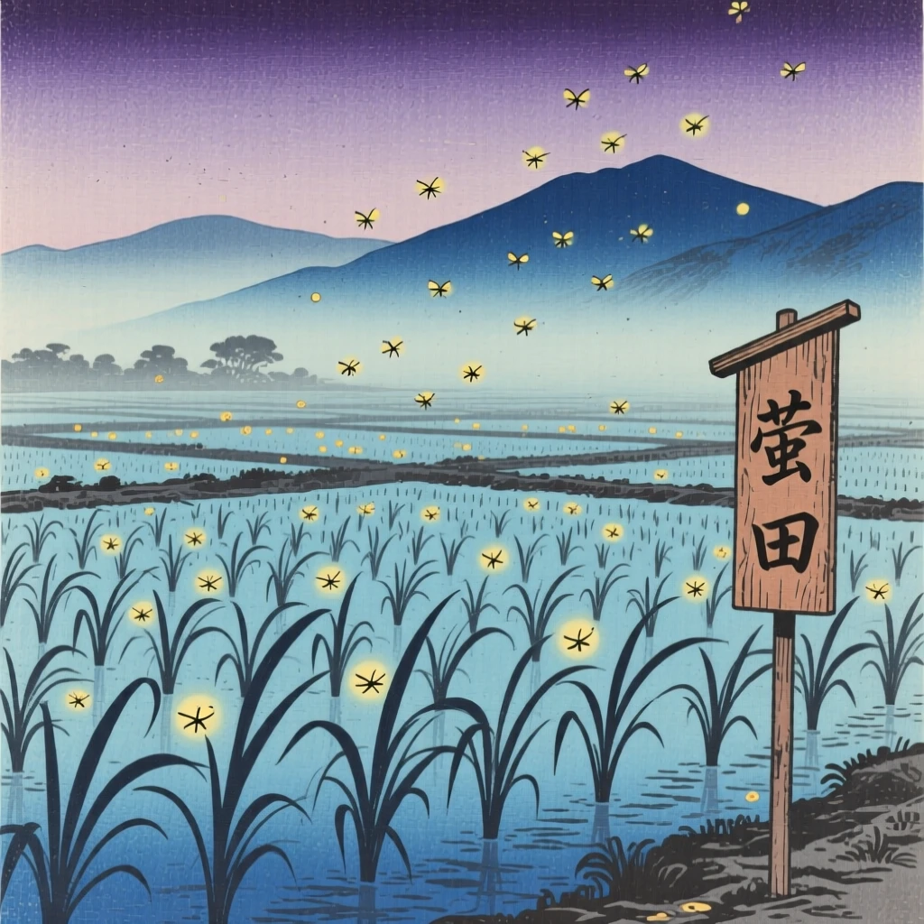 A rice paddy dotted with fireflies at twilight with distant mountains fading into haze.