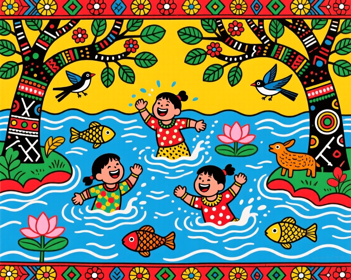 Children swimming and laughing in a river shaded by overhanging trees.