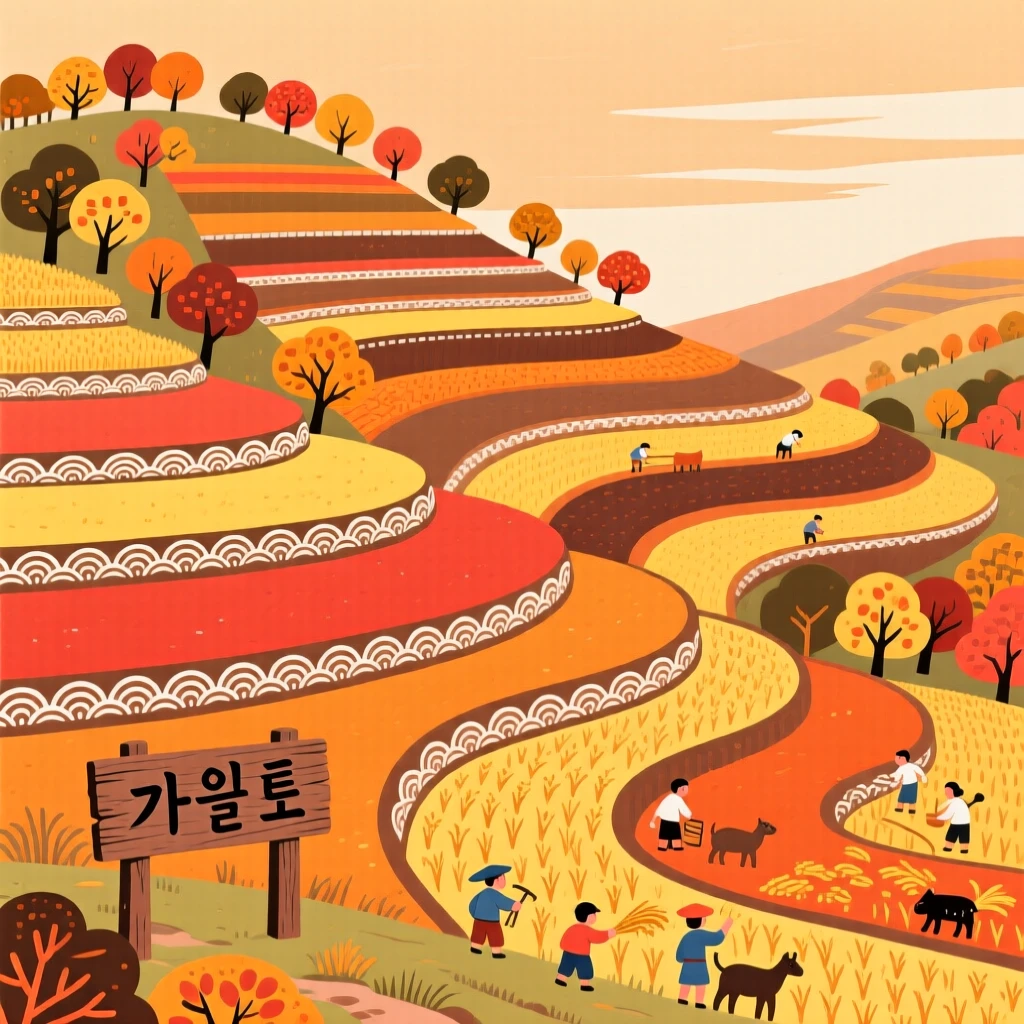 A sweeping view of terraced rice fields climbing a hillside in the deep colors of autumn.