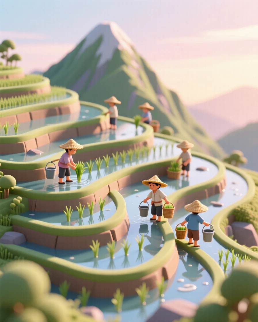 A rice terrace landscape carved into a mountainside, water reflecting the sky in each stepped paddy, and farmers working at dawn.