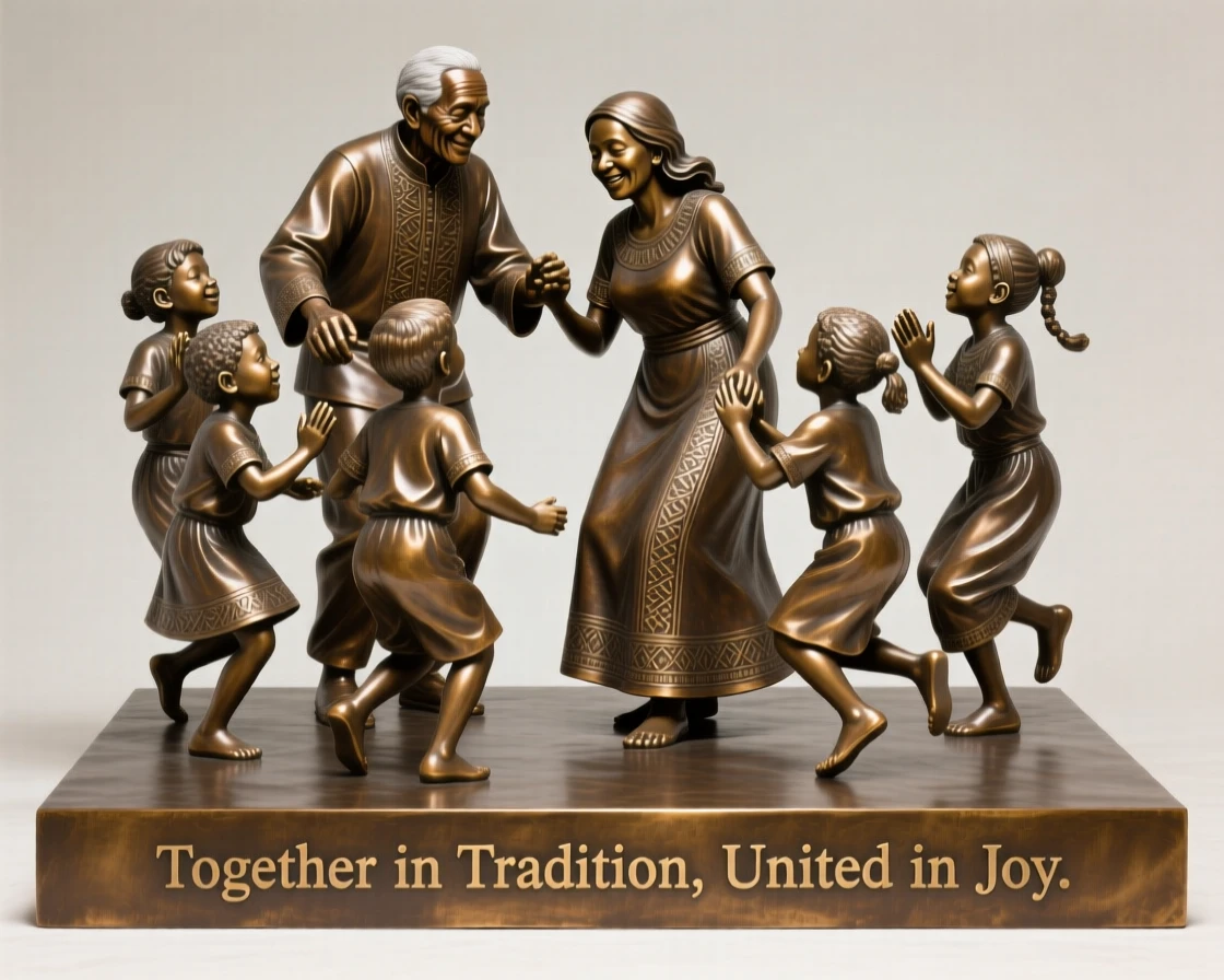 A group of children learning a traditional dance from elders, capturing a powerful sense of togetherness, celebrating shared human joy