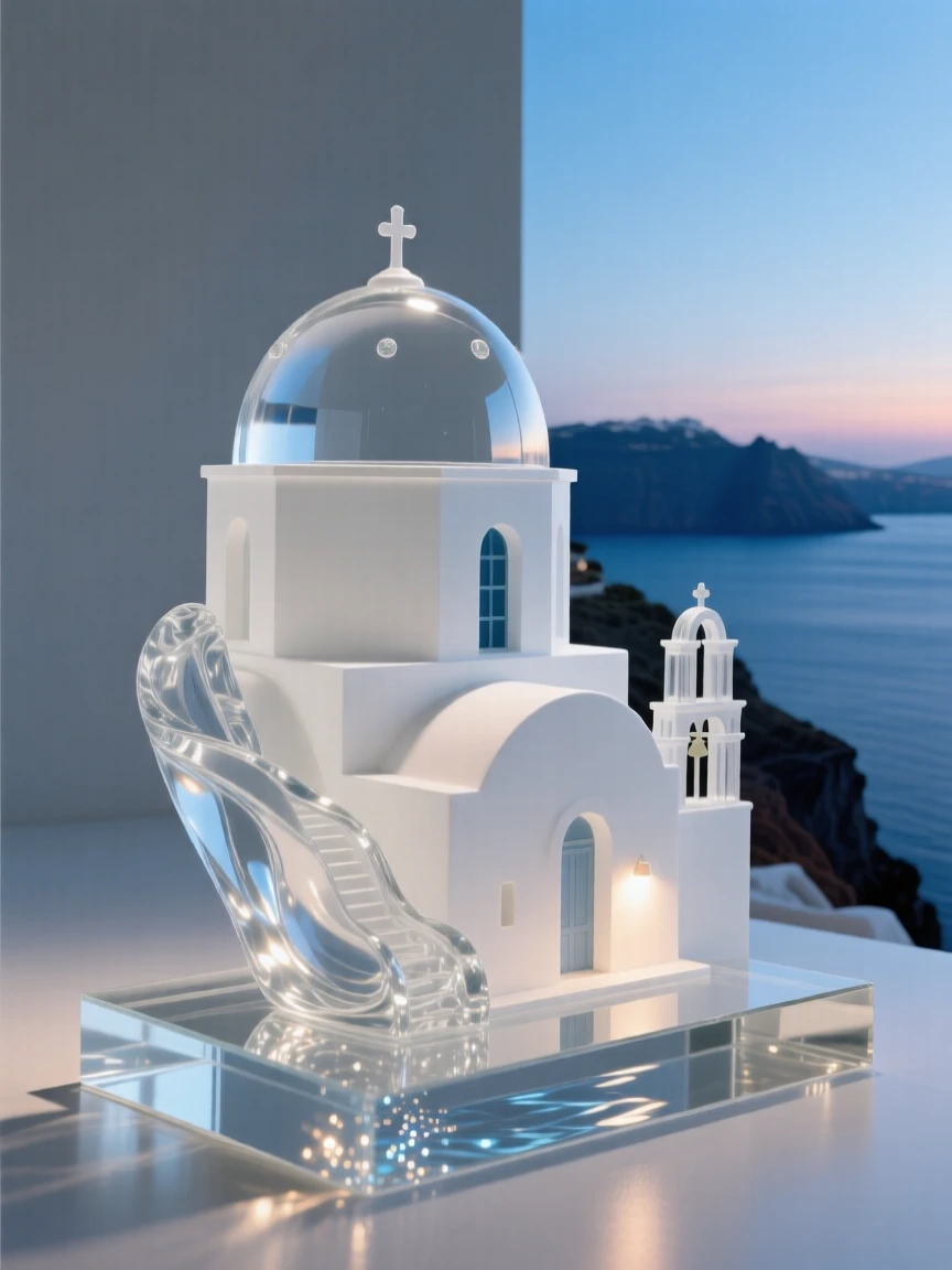 Santorini's white-domed buildings overlooking the sea at blue hour with soft ambient lighting beginning to glow, reflections shimmering nearby, evoking timeless elegance.