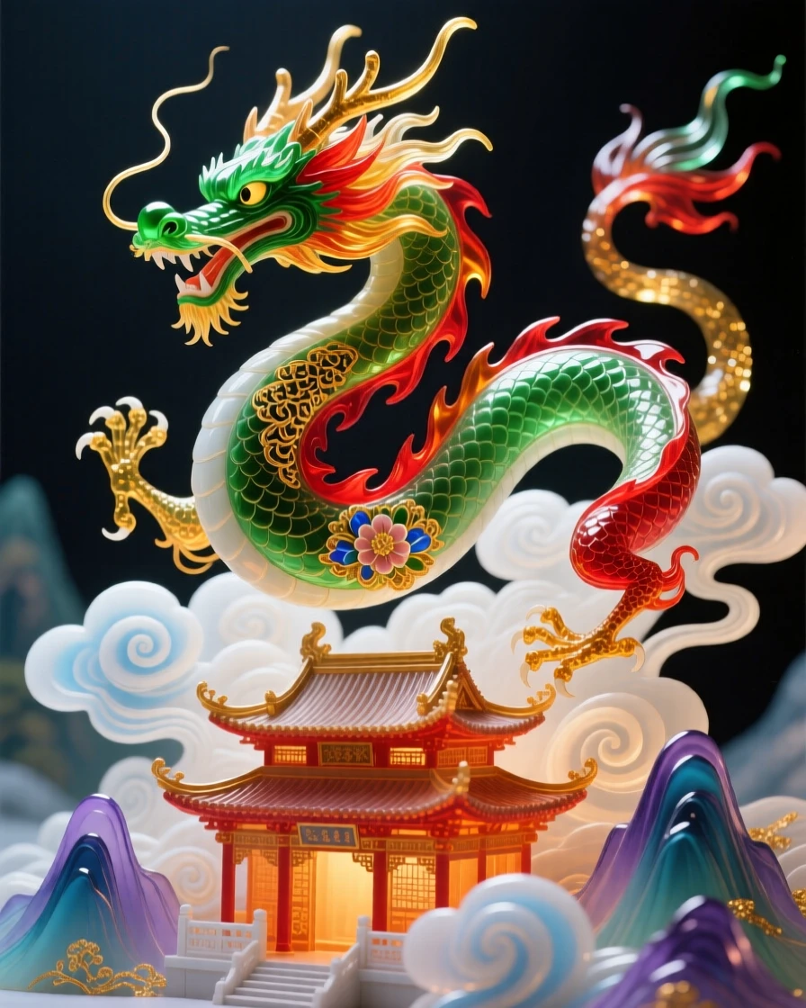 A Chinese dragon coiling through clouds above a mountain temple, auspicious and majestic.