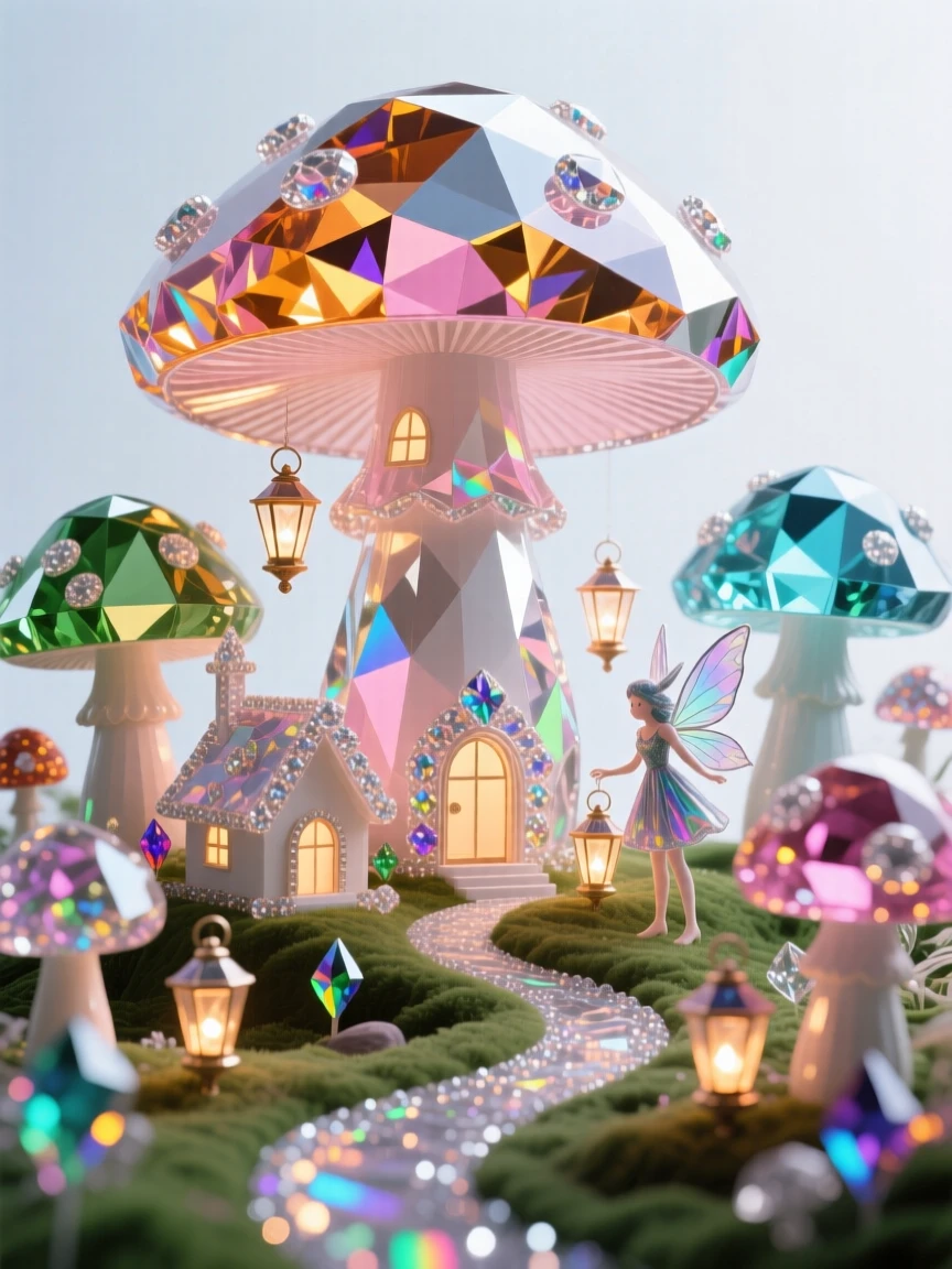 A fairy village built inside giant mushrooms, tiny glowing lanterns lighting winding paths.