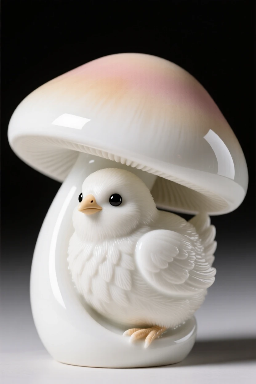 A tiny chick peeking out from beneath a mushroom cap, radiating quiet, gentle charm.