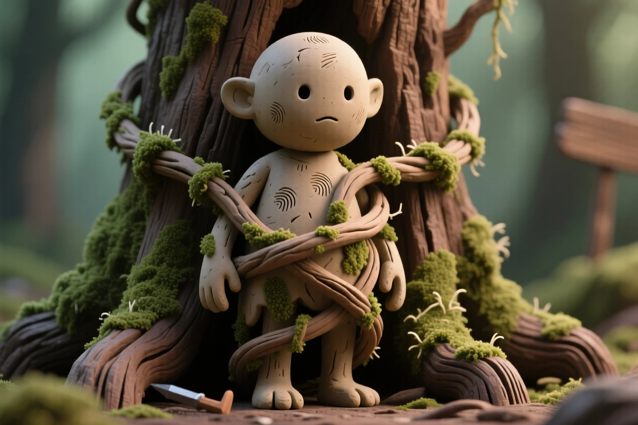 A forest spirit made of moss and vines emerging from an ancient tree