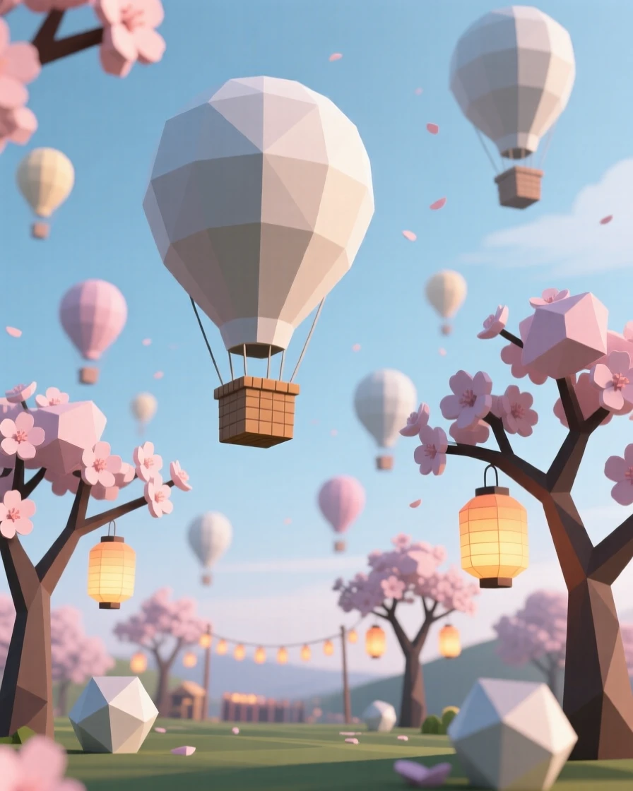 A hot air balloon festival filling a morning sky, beneath blooming cherry blossoms. warm glowing lights create a festive ambiance. It captures a moment of pure celebration.