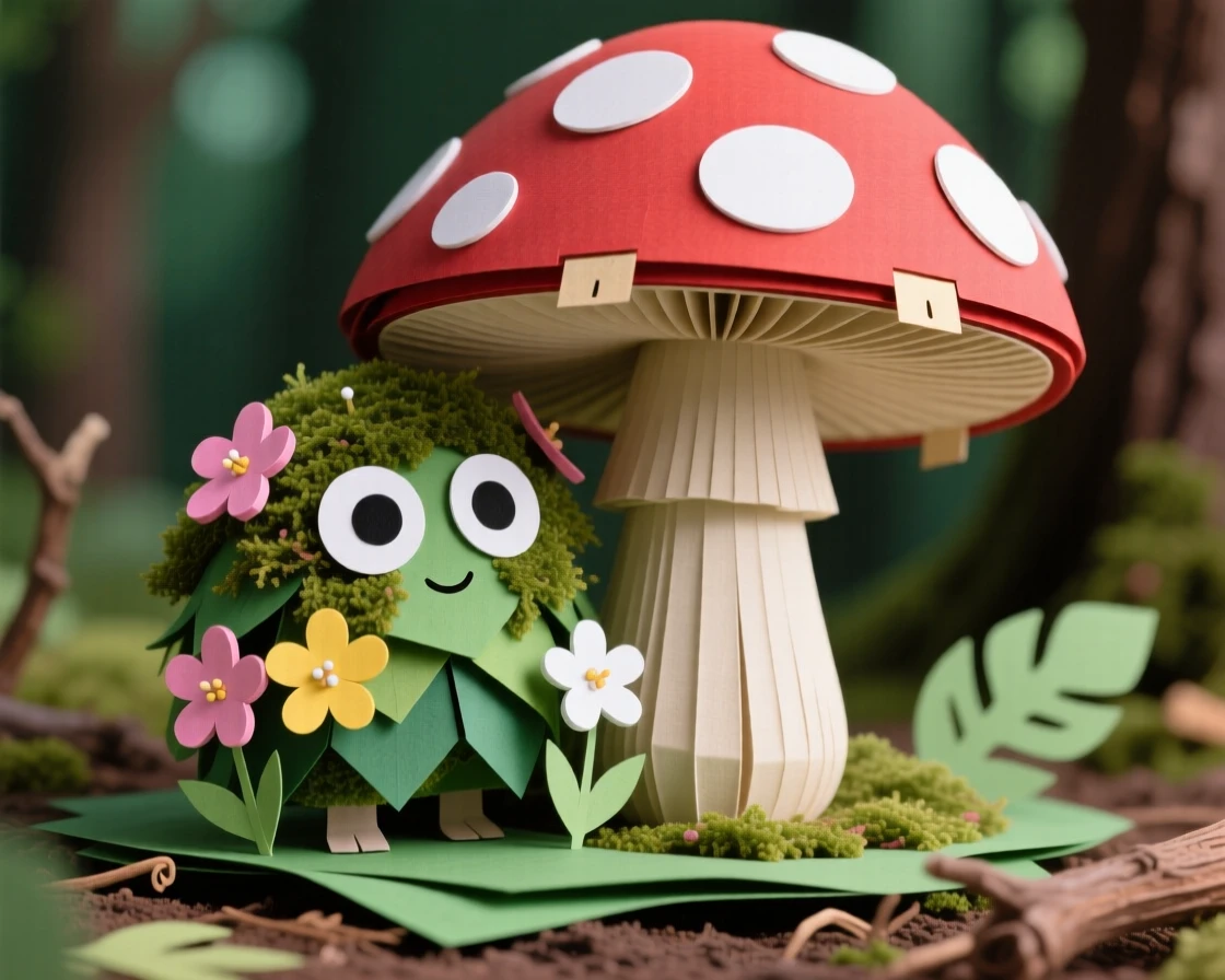 A tiny round forest spirit made of moss and flowers peeking out from behind a giant mushroom, its big round eyes curious and friendly, soft dappled light filtering through the trees, evoking whimsical charm.