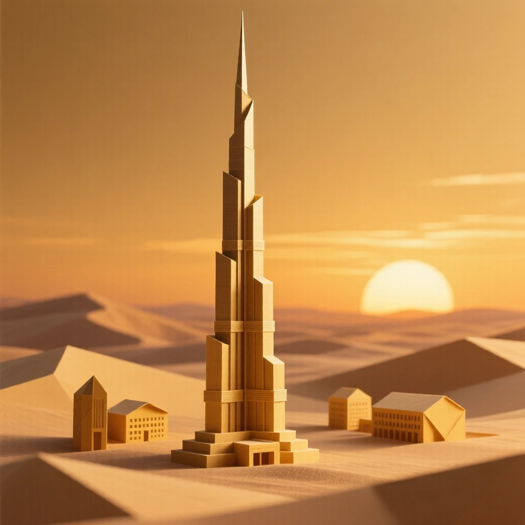 The Burj Khalifa piercing a golden desert sunset skyline.