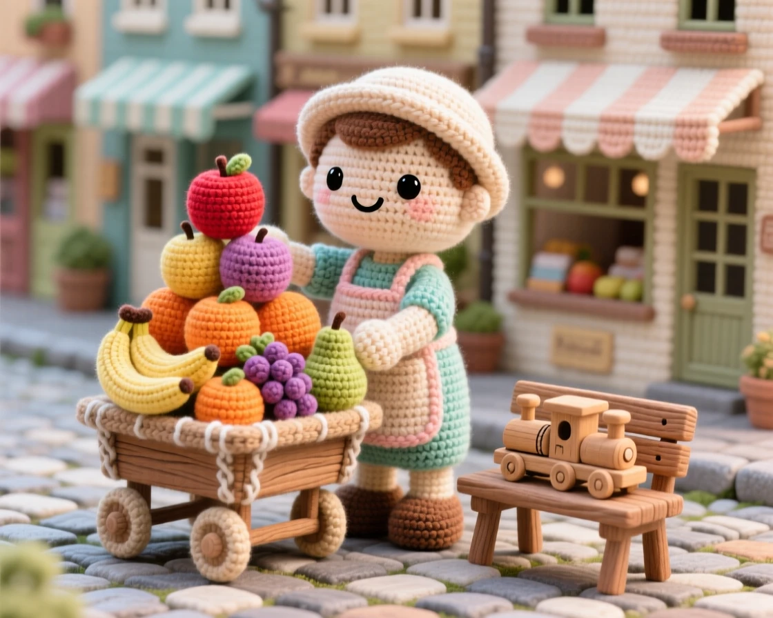 A charming scene of a cheerful fruit vendor with a cart stacked high with colorful fruit, arranging apples into a neat pyramid inside a charming cobblestone street lined with shopfronts; a small wooden toy left on a bench adds to the moment, full of gentle pride in a job done with care.
