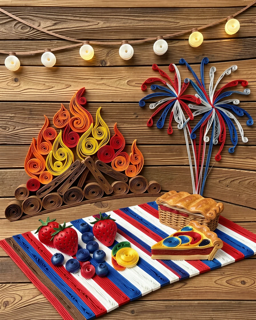 A festive holiday scene of a Fourth of July picnic with a striped blanket and fireworks beside a crackling fireplace in a rustic cabin, under the warm glow of string lights, composed with a cozy, inviting central focal point.