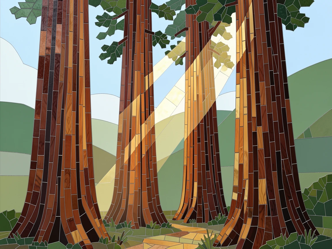 An ancient sequoia forest with towering trees and soft filtered light.