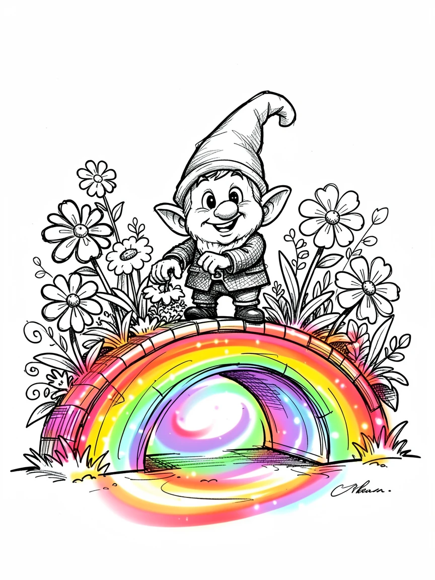 A tiny gnome tending a garden on a bridge made of rainbow light.