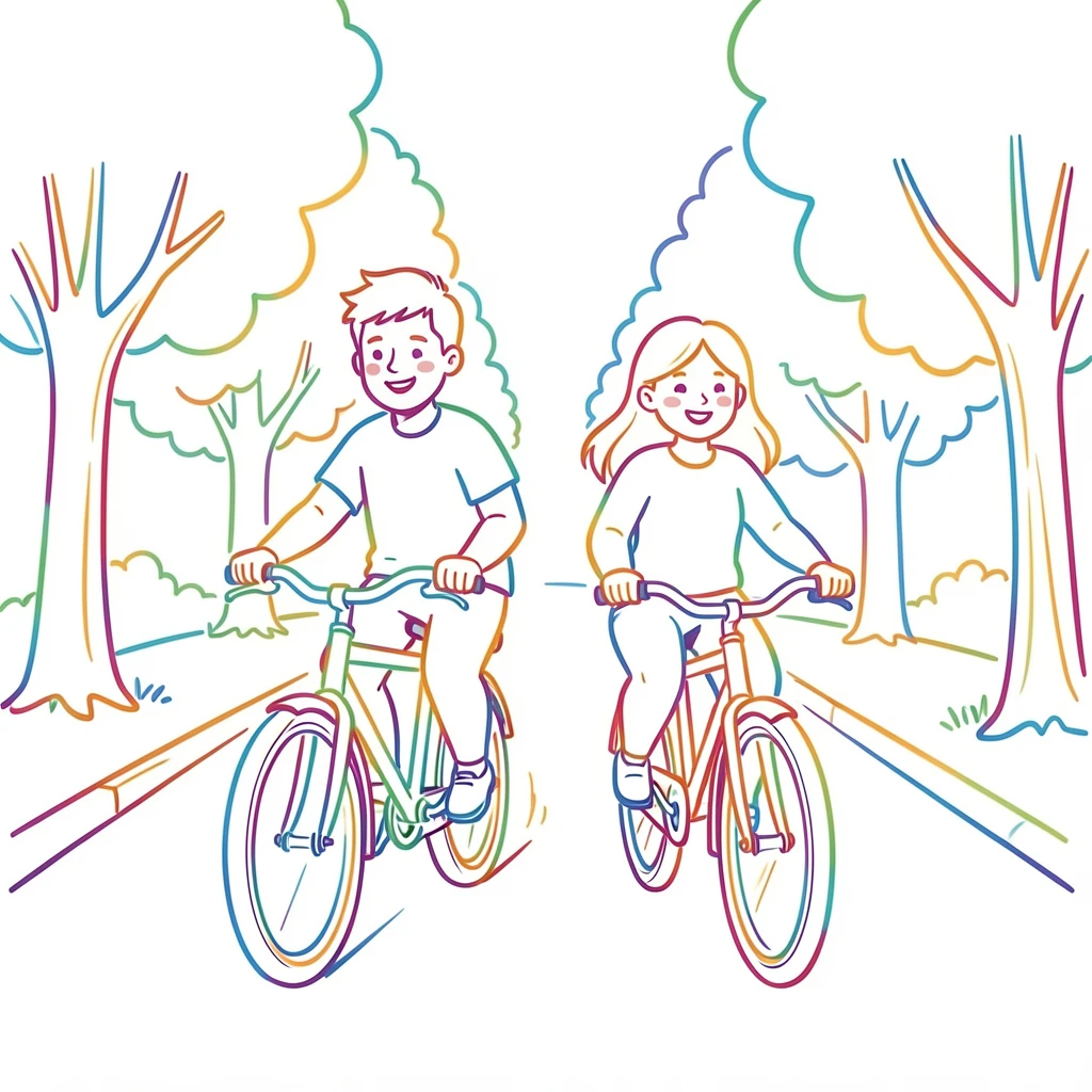 A couple riding bicycles side by side down a tree-lined street.