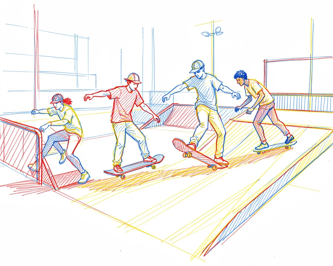 A group of skateboarders performing tricks in an urban skate park