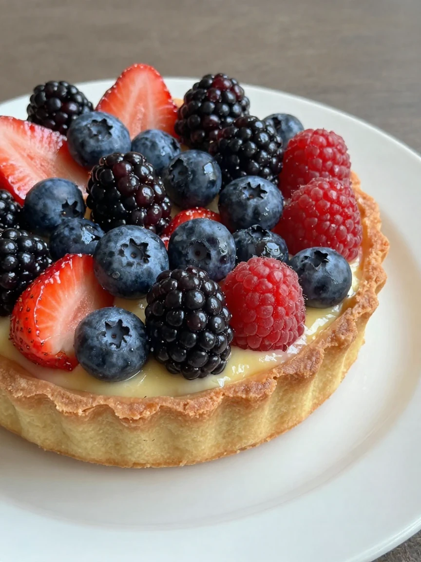 A colorful fruit tart topped with glazed berries