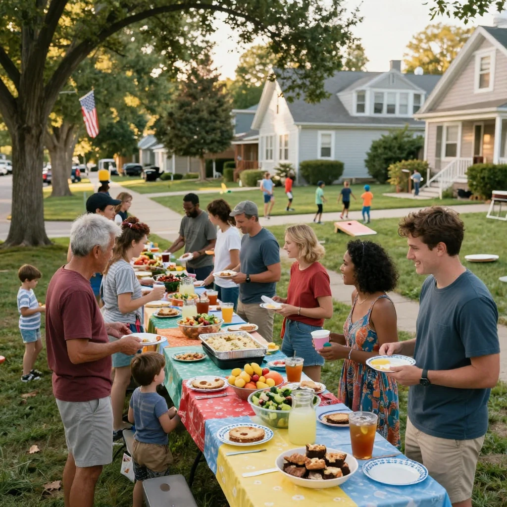 A community potluck spreads across long tables at a summer block party.